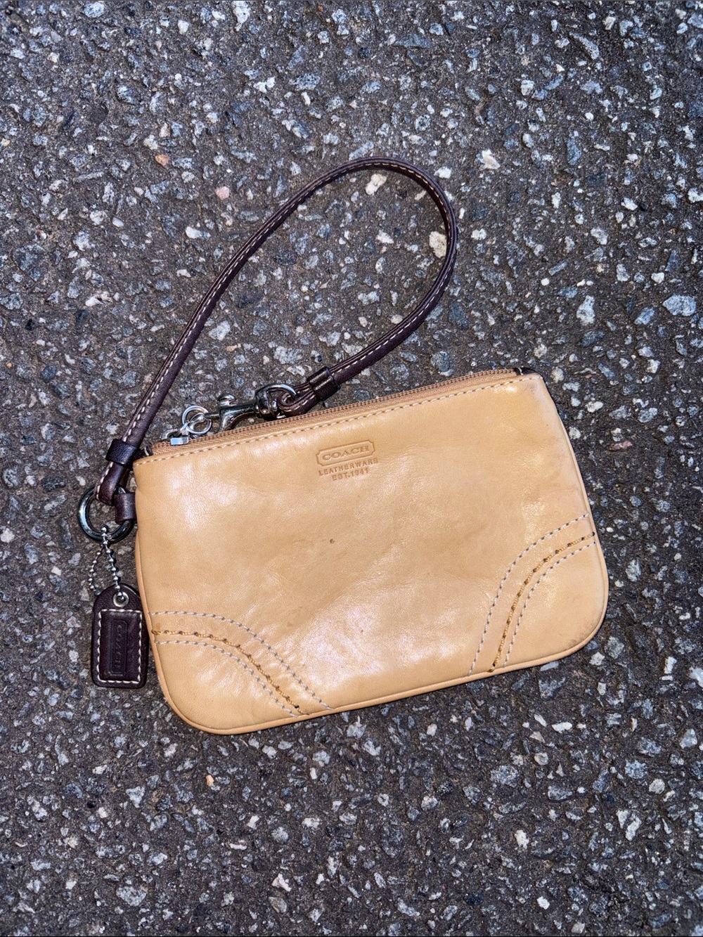 Coach Tan Leather Wristlet with Dark Brown Strap